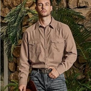Cowboy Button Up Shirt Long Sleeve with Two Pockets Brown